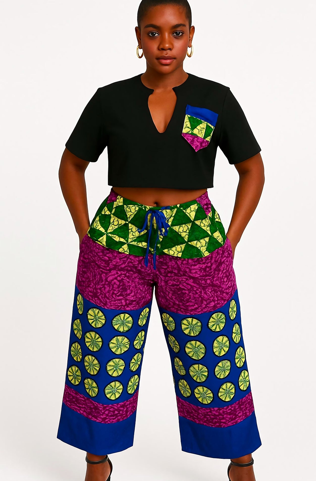 Ankara & Denim Cropped Pants Set